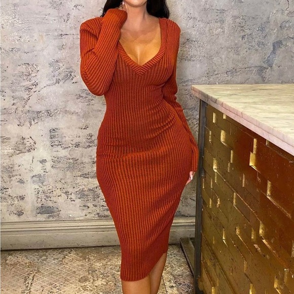 V Neck Long Sleeve Knitted Midi Dress Orange - Picture 3 of 5